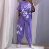 O-Neck Short Sleeve T-shirt Waist Ties Pockets Harem Pants Set Letter Print Casual Tracksuit