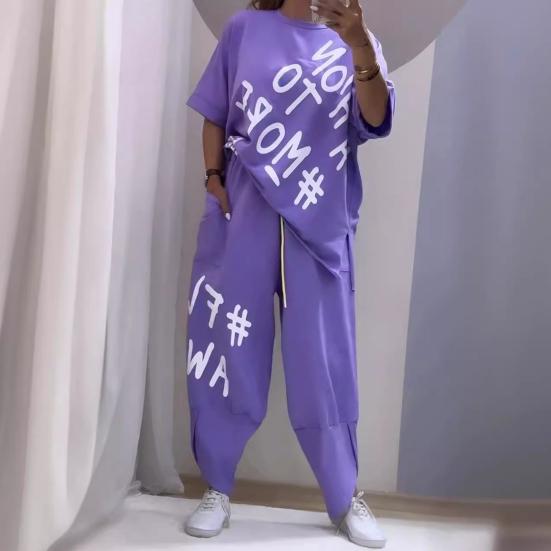 O-Neck Short Sleeve T-shirt Waist Ties Pockets Harem Pants Set Letter Print Casual Tracksuit