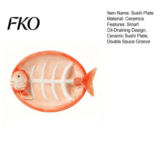 Three-dimensional Fish Plate Shaped Ceramic Dumpling Plate, Sushi Serving Tray with Red Gradient Platter Dip Sauce Grooves, Multifunctional Appetizer