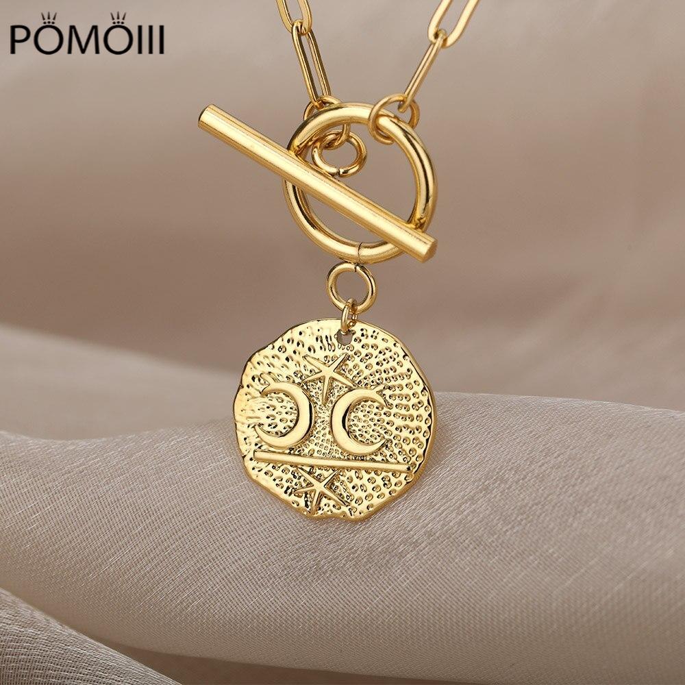 Готическое ожерелье с луной и звездами для женщин, цепочка из нержавеющей стали, круглые подвески, винтажные украшения с пряжкой OT