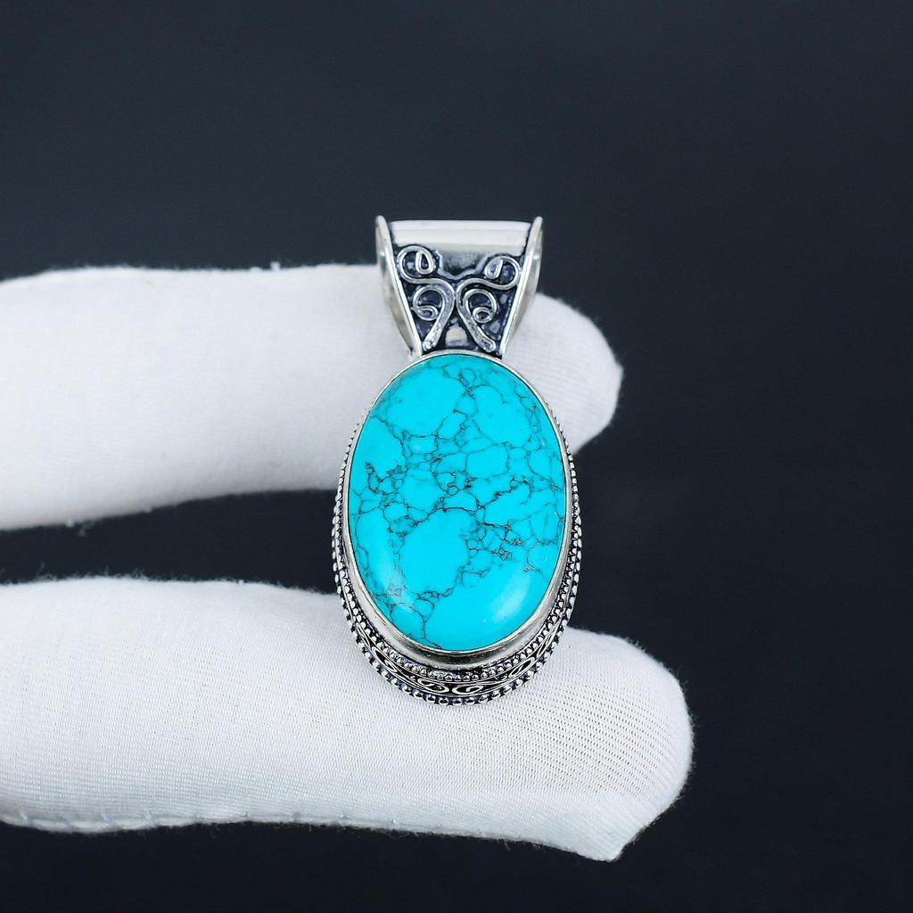 Серебряный кулон с натуральным бирюзовым камнем из стерлингового серебра 925 пробы — овальный дизайн ручной работы, повседневная бижутерия, подарок на день матери