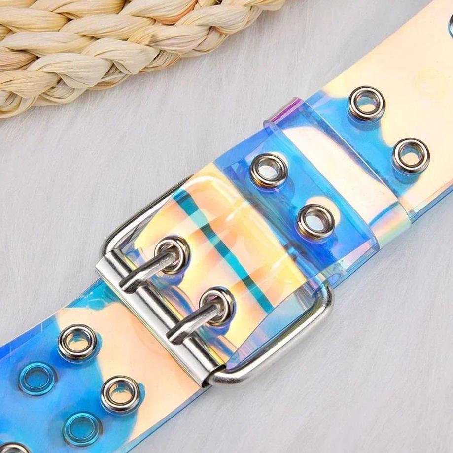 Women Summer Fashion Creative Gifts Waistband Transparent Two Row PVC Belt Laser Invisible Square Pin Buckle Multi Hole Belts