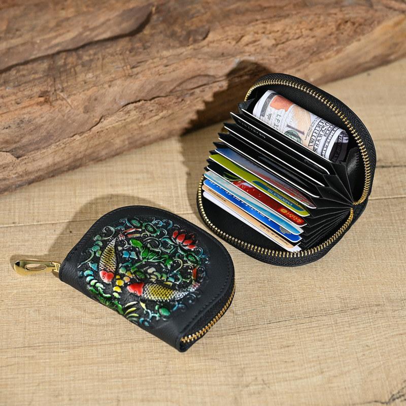 Vintage Design Embossing Card Holder Genuine Leather Zipper Coin Purse for Women Ladies Money Bags GZW