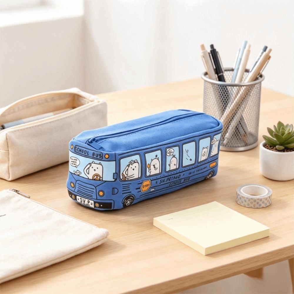 Zipper Closure Pencil Bag Large Capacity Stationery Box School Bus Pencil Case Children Use