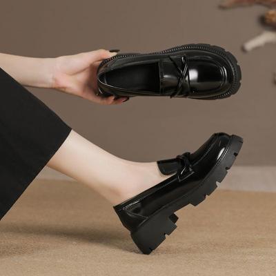 Женские туфли из коровьей кожи Pingti, черные, ретро, маленькие кожаные туфли на платформе, мокасины Huizhou Yuexinwang