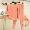 2 Pcs/Set Winter Top Pants Set Thick Plush Round Neck Long Sleeve Elastic Waist Warm Soft Cold Proof Homewear Pajamas Set Thermal Underwear Set