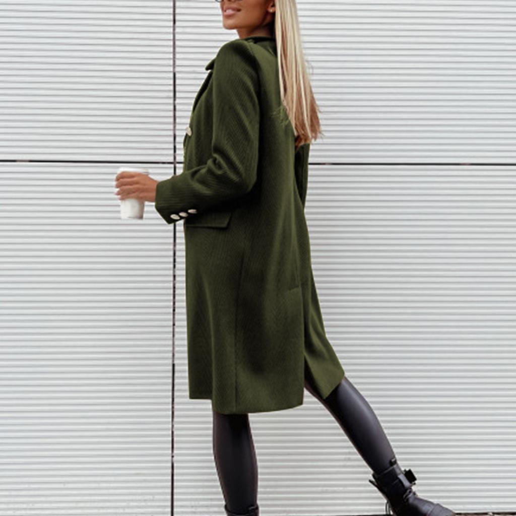 Женское среднее однотонное двубортное пальто без карманов с длинными рукавами, верхняя одежда, украшение с карманами