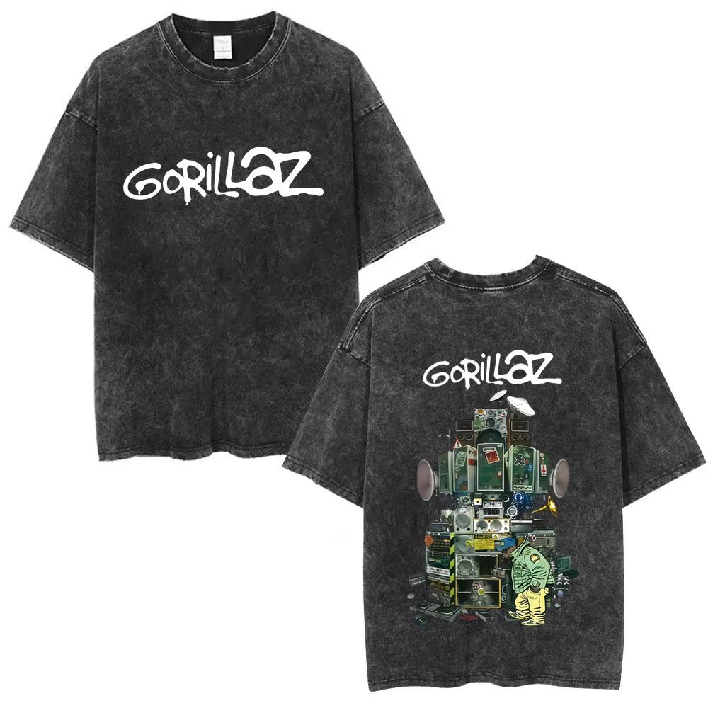 Стирка Винтажные Футболки с Графикой Рок-Группы Gorillaz Альбом The Now Now Мужская Женская Одежда Хип-Хоп Панк Оверсайз Футболки с Круглым Вырезом
