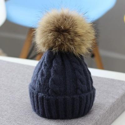 Children's Hat Winter Boy Girl Raccoon Hairball Knitted Hat Baby Twist Windproof Warm Wool Hat