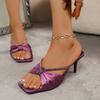 Фиолетовая тканевая надпись со стразами, женские новые босоножки с бантом и открытым носком, на высоком каблуке, крутые шлепанцы