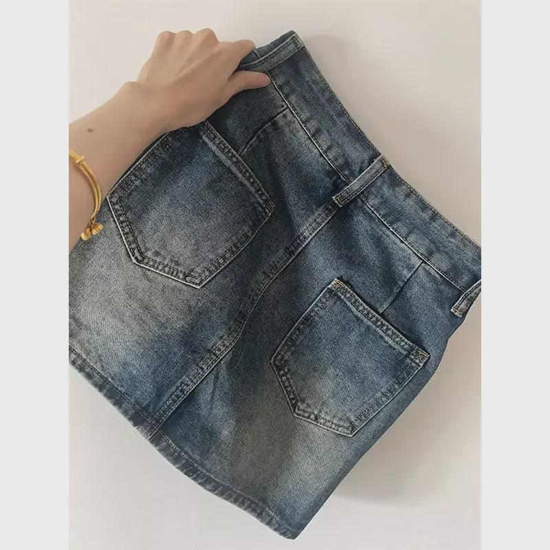2024 г. Юбка-трапеция из синего денима с высокой талией для женщин