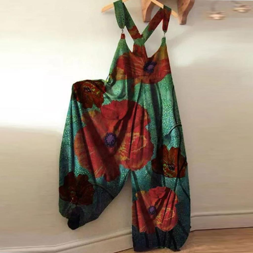 Women's Fashion Summer Sweet Loose Casual Print Retro Strappy Jumpsuit