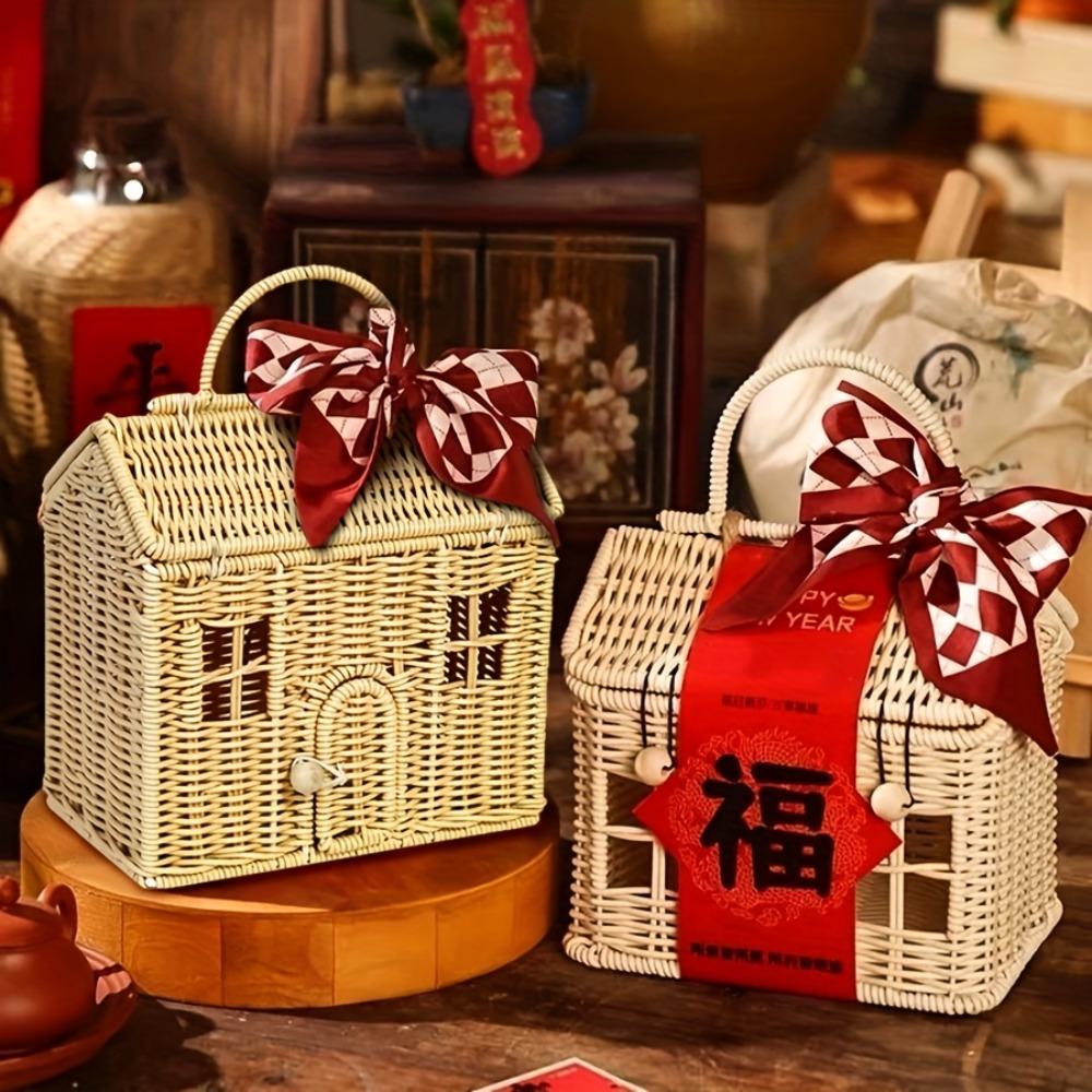 Плетеная корзина для хранения из ротанга с крышкой, переноска для кукольного домика, декоративный плетеный органайзер для полки ручной работы, рождественский подарок, произведение искусства