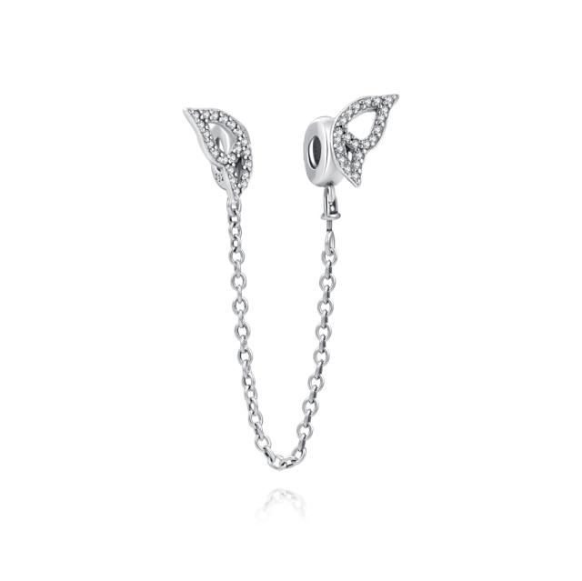 Silver 925 Zirconia Butterfly Flower Crown Safety Chain Charm Bead Fit Bracelet Pendant DIY Jewelry For Women