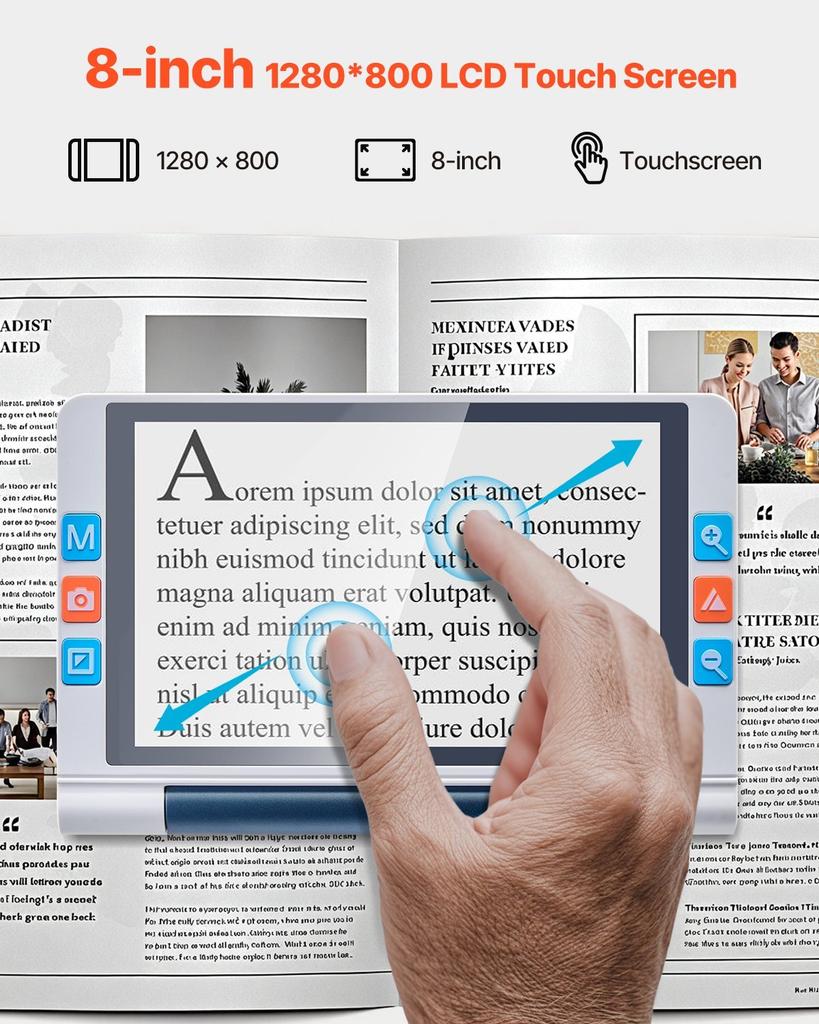 Portable Digital Magnifier, 203mm Touchscreen Electronic Video Magnifier for Low Version, 2X - 20X Electronic Reading Aid with 13MP Auto-Focus HD