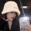 Women's Off-White Plush Bucket Hat: Face-Showing Bunny Fur, Warm & Trendy for Autumn/Winter