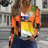 Graffiti Print Women Tshirts Ladies Tops Long Sleeve V-neck Pullover Femme T-shirts T Shirt For Women