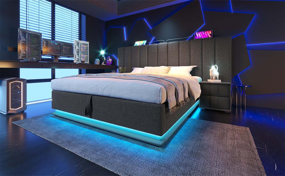 Upholstered Bed 160×200, Double Storage Bed with App Control LED, USB-C Charging, Bed Frame with Slats, Linen, Grey, Without Mattress and Nightstand
