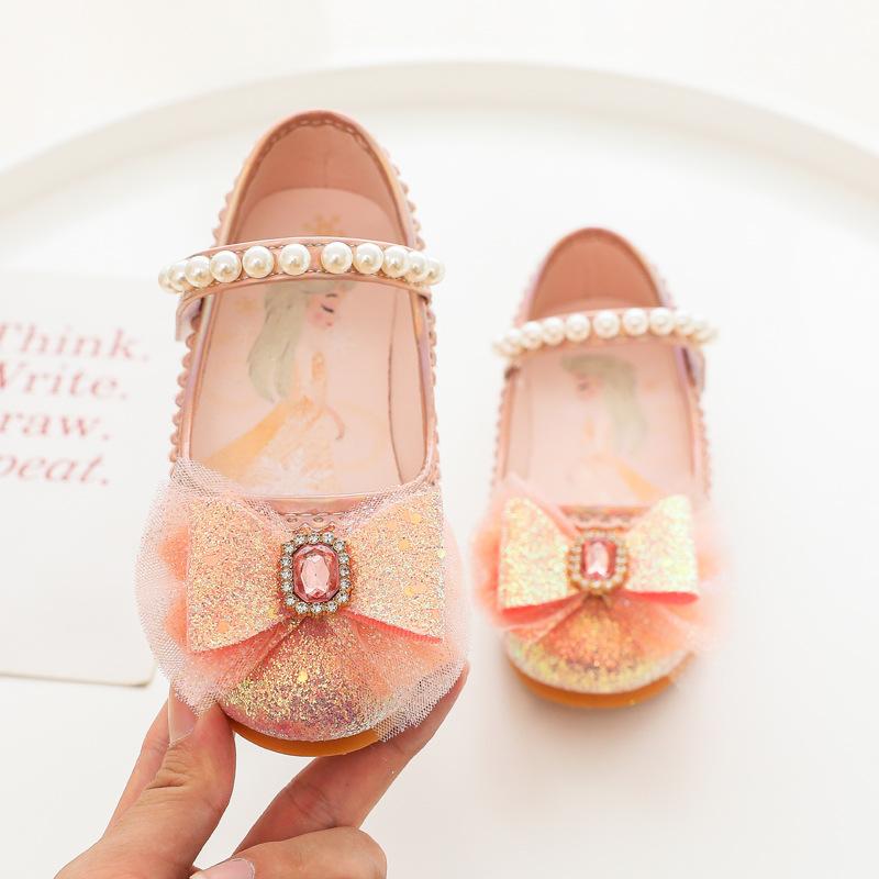 Туфли из кожи для девочек, детские туфли на плоской подошве, принцесса, милая, блестящая кожа с жемчугом, бисером, кружевом, бантом, косплей, уникальная обувь для вечеринки