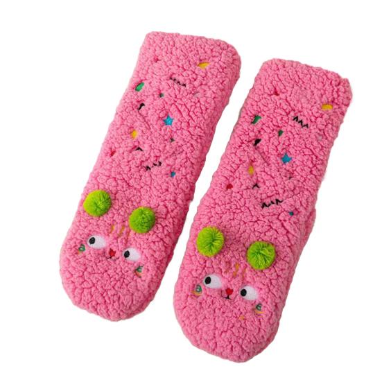 1 Pair Women Socks Cartoon Pattern Thickened Warm Knitting Socks Non-Slip Plush Pilling Resistant Floor Socks