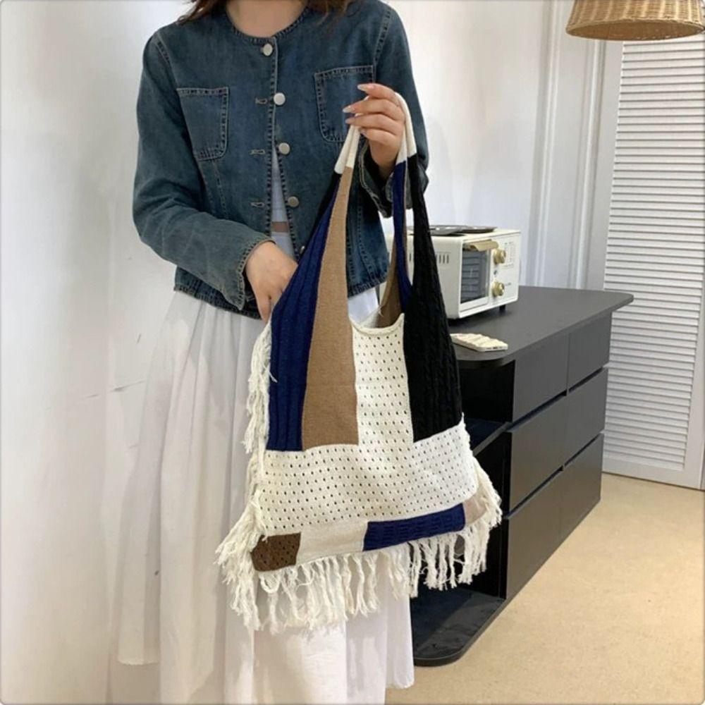 Soft Knitted Tassel Shoulder Bag Patchwork Commuting Tote Bag Trendy Boho Style Handbag  Outdoor