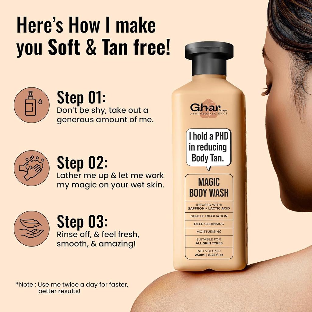 Ghar Soaps Magic De-Tan Body Wash 250ml Pack of 1 | Exfoliating Tan Removal Shower Gel for Smooth Bright Skin