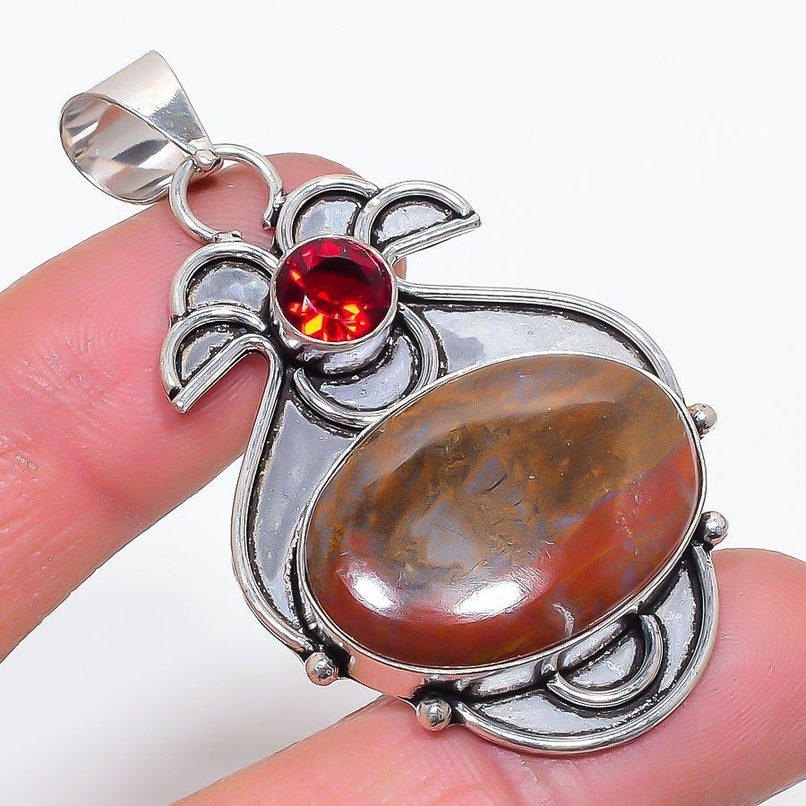 Seam Agate, Garnet Handmade 925 Sterling Silver Jewelry Pendant 2.44" y6F32
