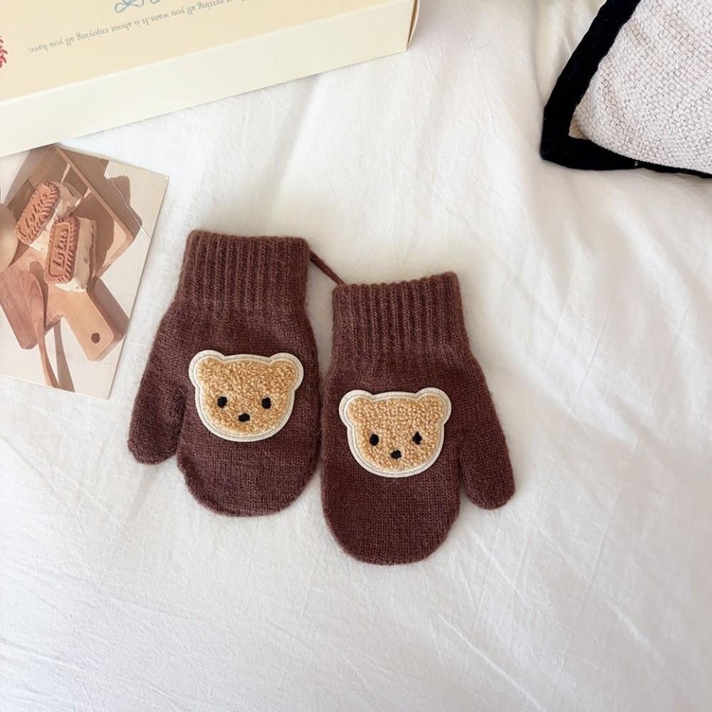 With Ropes Cartoon Bear Gloves Solid Color Full Finger Gloves Cute Knitted Mittens Winter Season