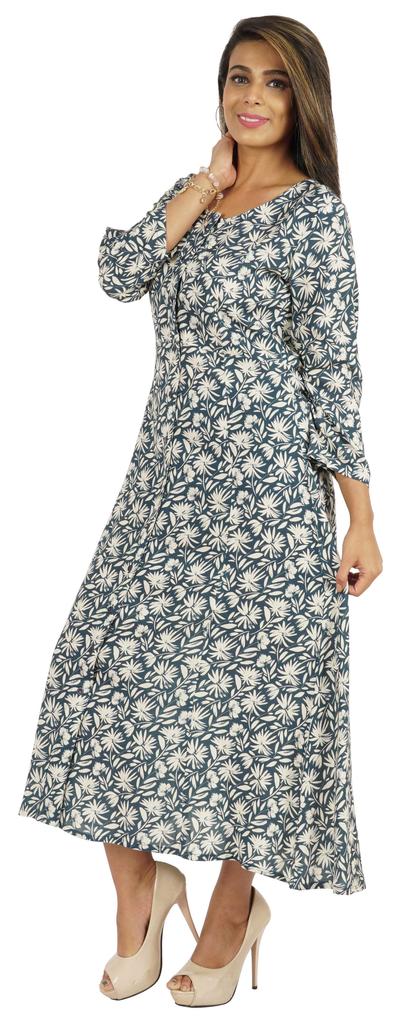 Bimba Printed Maxi Dress For Women Front Button Placket Ethnic Dress Casual Rayon