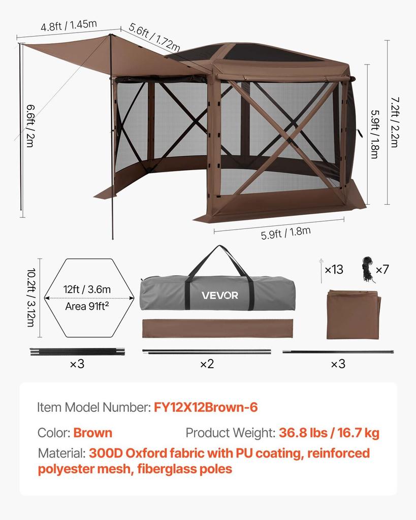 Pop up Gazebo Screen Tent, 3.6 x 3.6 m Large 6-Sided Camping Canopy Tent with Removable Top & Carry Bag, Quick-Set & Bite-Proof, Screen House Sun