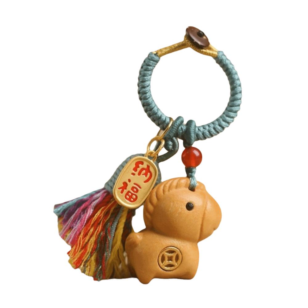 Handmade Rope Sandalwood Keychain Sandalwood Material Fortune Horse Keychain  Festival Decoration