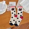 Spring 2025 Korean Polka Dot Kitten Women's Cotton Mid-Calf Socks - Sweet, Cute, and Breathable