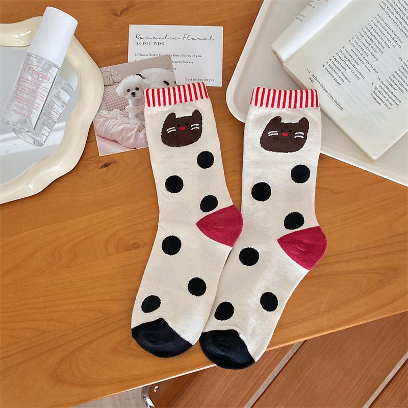 Spring 2025 Korean Polka Dot Kitten Women's Cotton Mid-Calf Socks - Sweet, Cute, and Breathable
