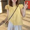 Women Summer Stand Collar Cap Sleeves Pleated Blouses