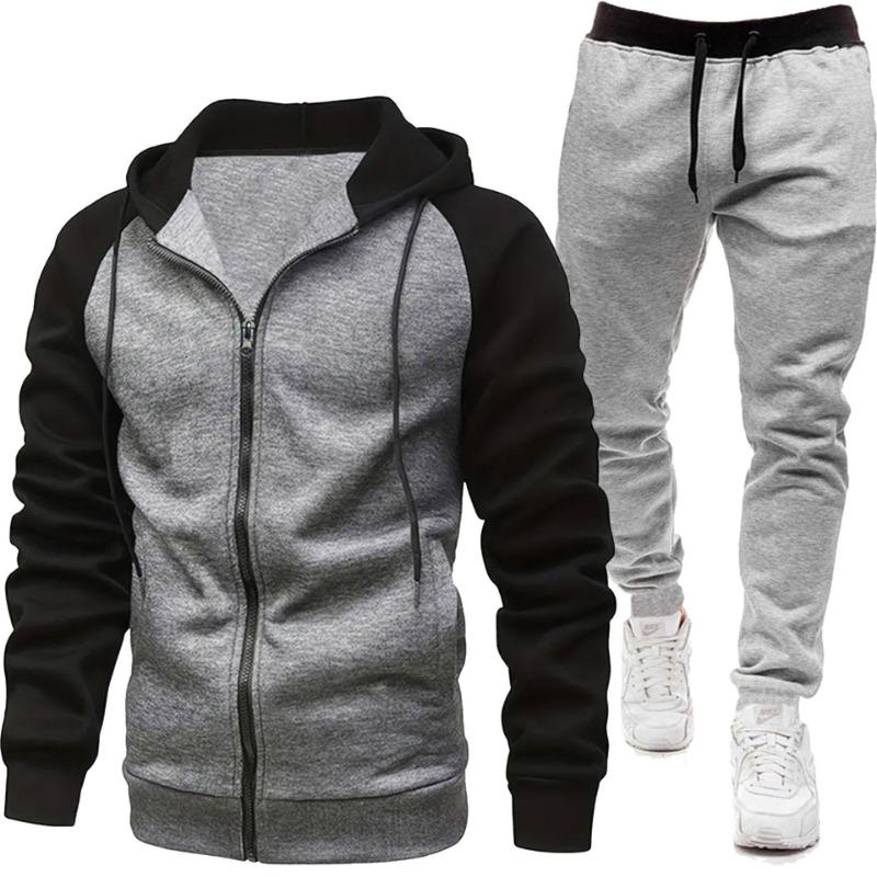 Men's Fashion Color Blocked Coat Long Sleeve Casual Sports Set Men's Top Pants