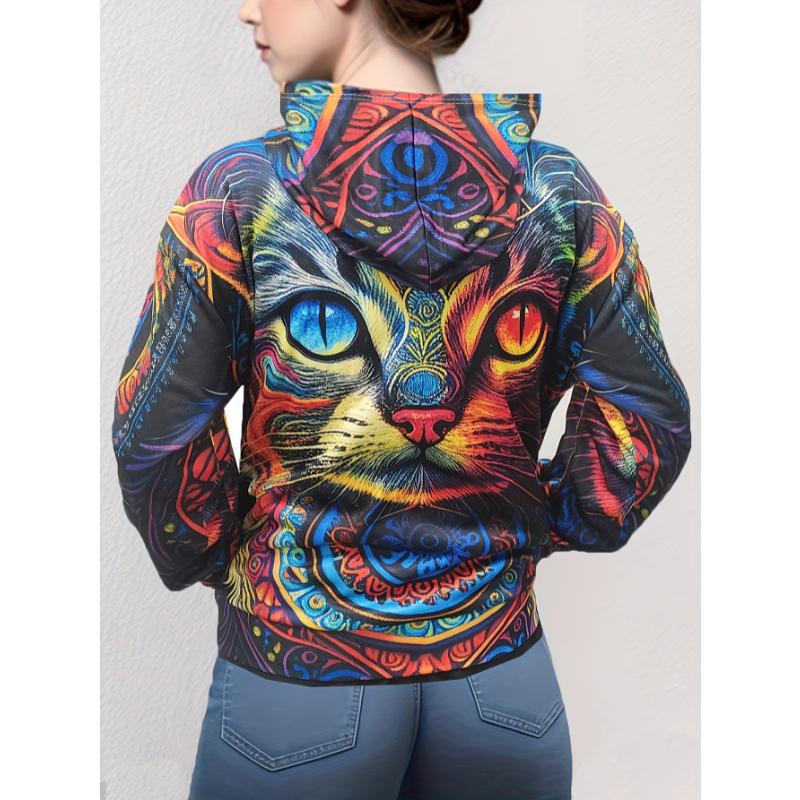 Толстовка с капюшоном и принтом кота по всей поверхности, повседневная толстовка с капюшоном и карманом-кенгуру с длинными рукавами, женская одежда