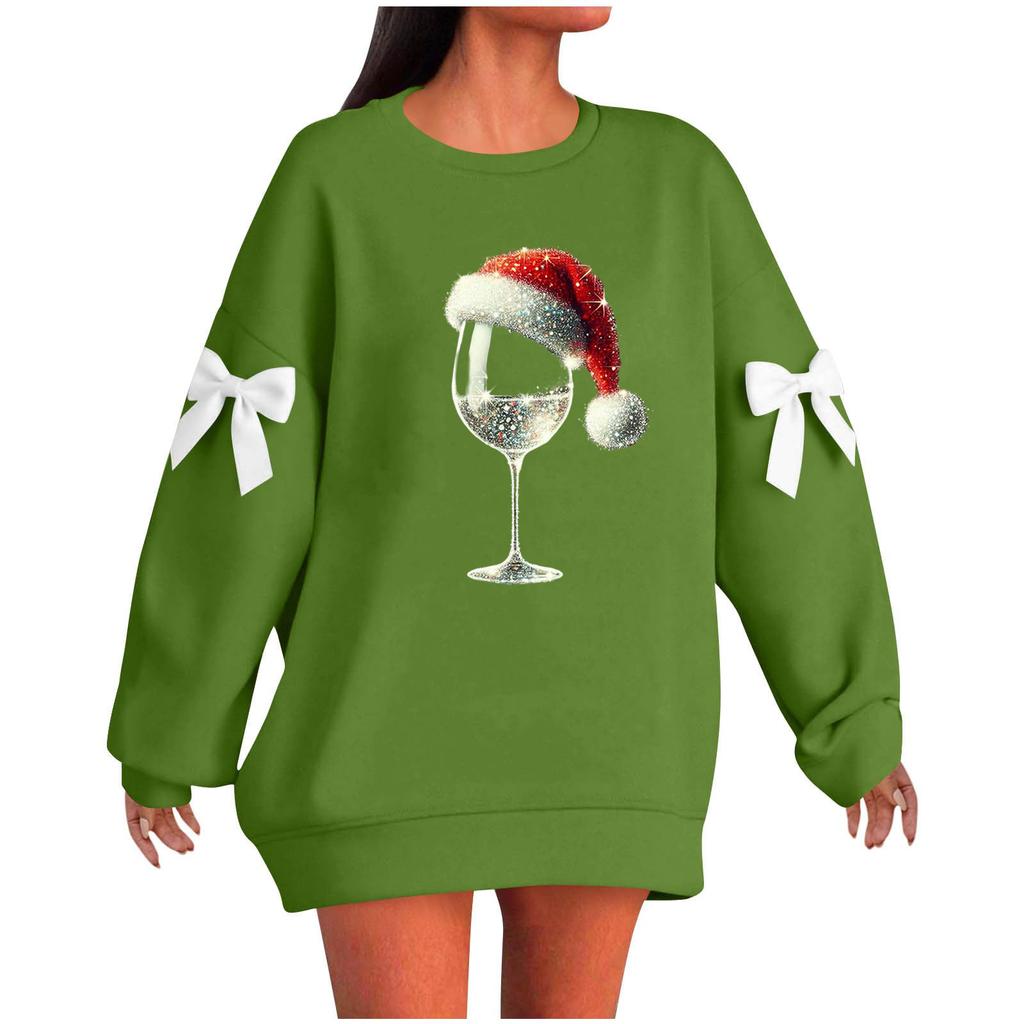 Ladies' Christmas Printed Bow Round Neck Long Sleeved Loose Pullover Sweater Sweatshirt Top