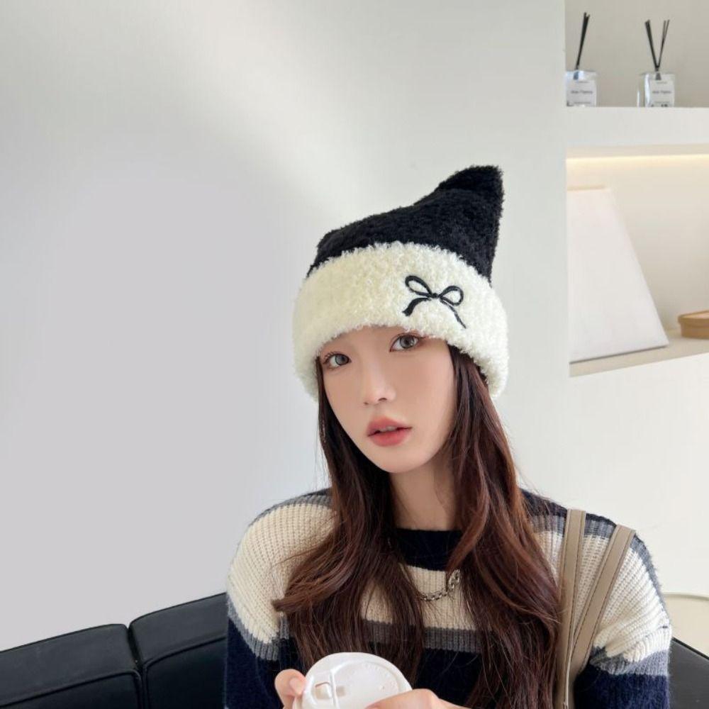 Embroidery Cat Ears Hat Bow Winter Knitted Hat Personality Knitted Beanie Hat  Winter/Autumn