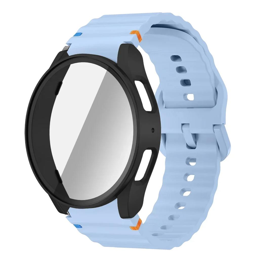 Чехол+Ремешок для Samsung Galaxy Watch 7 6 5 4 40мм 44мм Силиконовый Браслет Защитная Пленка для Экрана из Закаленного Стекла Бампер