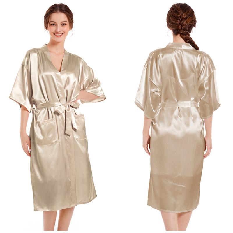 Женская одежда для отдыха весна-осень однотонный блестящий халат средней длины атласное кимоно