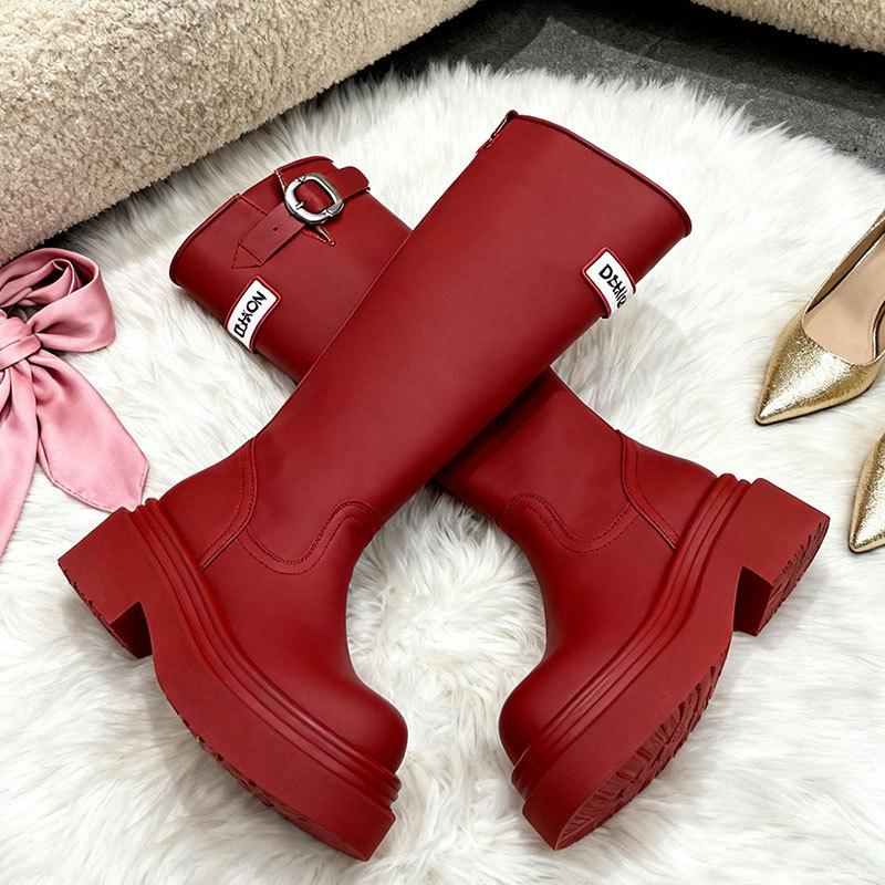 Ретро красные ботинки женские осень и зима новые британский стиль универсальные и тонкие на толстой подошве увеличивающие рост рыцарские ботинки женские