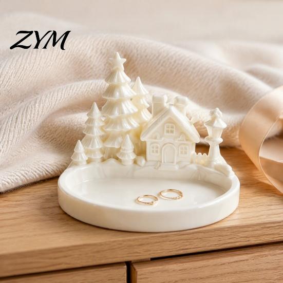 Nordic Style Storage Dish Christmas Winter Village Jewelry Tray, 3D Printed Snow House Pine Tree Decorative Dish, Candy for Holiday Party Mini Desktop