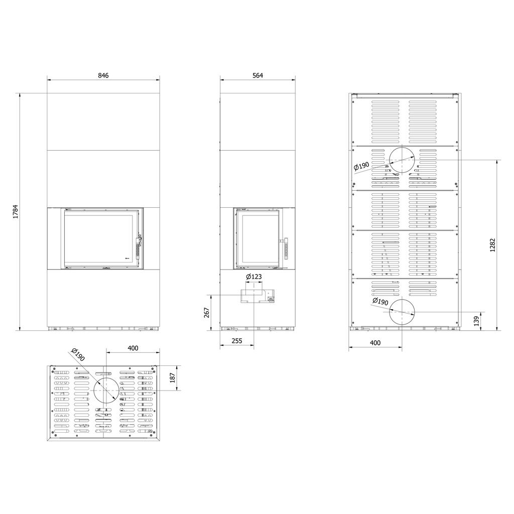 Модульный камин KRATKI FLOKI BOX левый 8 кВт Ø 160 кварцевый спекаемый NERO ASSOLUTO самозакрывающаяся дверца