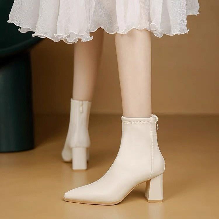 French high-heeled short boots women's 2024 spring and autumn new thick-heeled Martin boots small pointed white elastic thin boots
