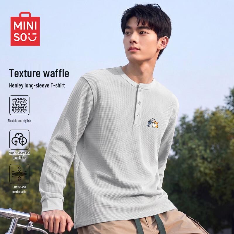 MINISO Men's Waffle Texture Long Sleeve Henley Shirt