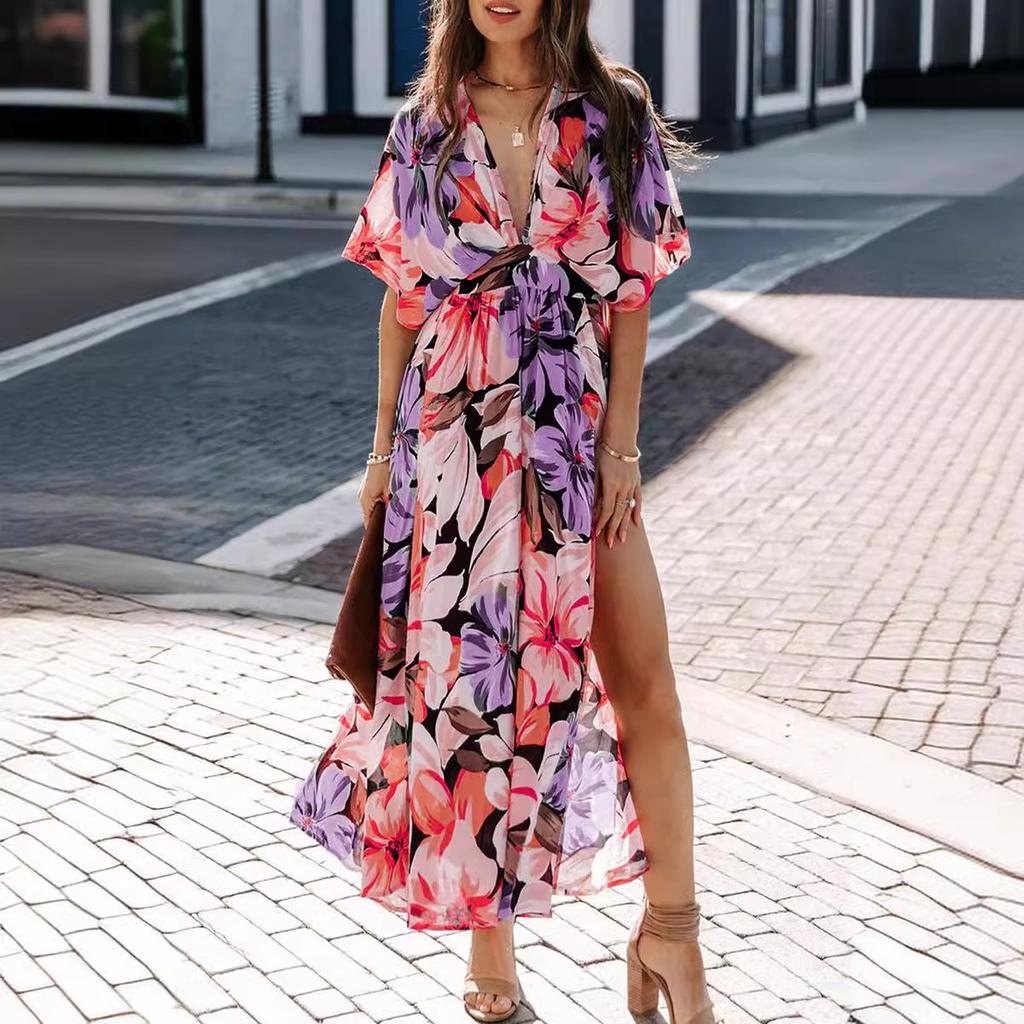 Summer women's new sexy high-waisted fashion printed split-ended dress women
