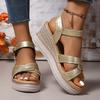 Женские золотистые босоножки-клинья с перекрестными ремешками, летняя мода, толстая подошва, пляжная обувь, женские сандалии на платформе с ремешком на пряжке, 2025