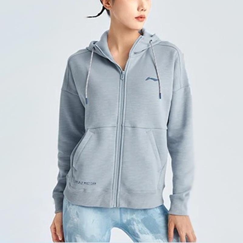 Li Ning Fitness Series Casual Fleece Loose Hooded Cardigan Sweatshirt Jacket Women Outerwear Mist-Blue AWDR884-3