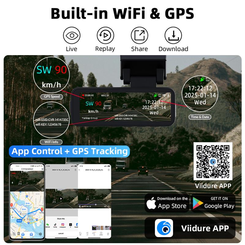 Yangood 4K Dashcam Mini Car DVR Support GPS Speed Display APP/WIFI real-time Control Night Vision2.5K Rear View Camera Black Box