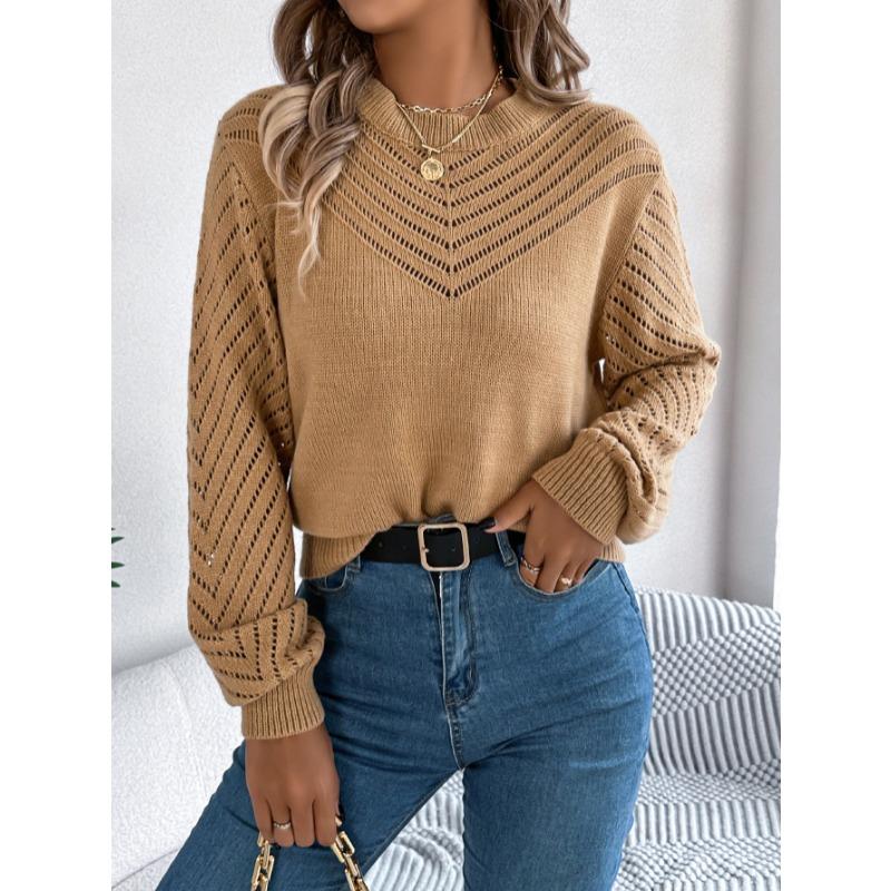Elegant Round Neck Hollow Out Long Sleeve Pullover Sweater Women 2025 Fashion Sweet Autumn and Winter Casual Knitted Tops Solid Color Office Clothing